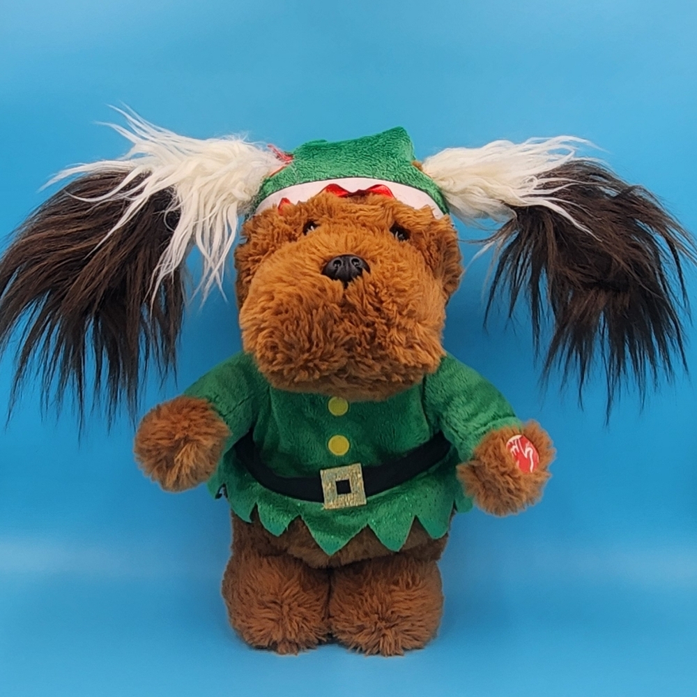 Festive Singing Plush Dog Toy with Green Elf Outfit